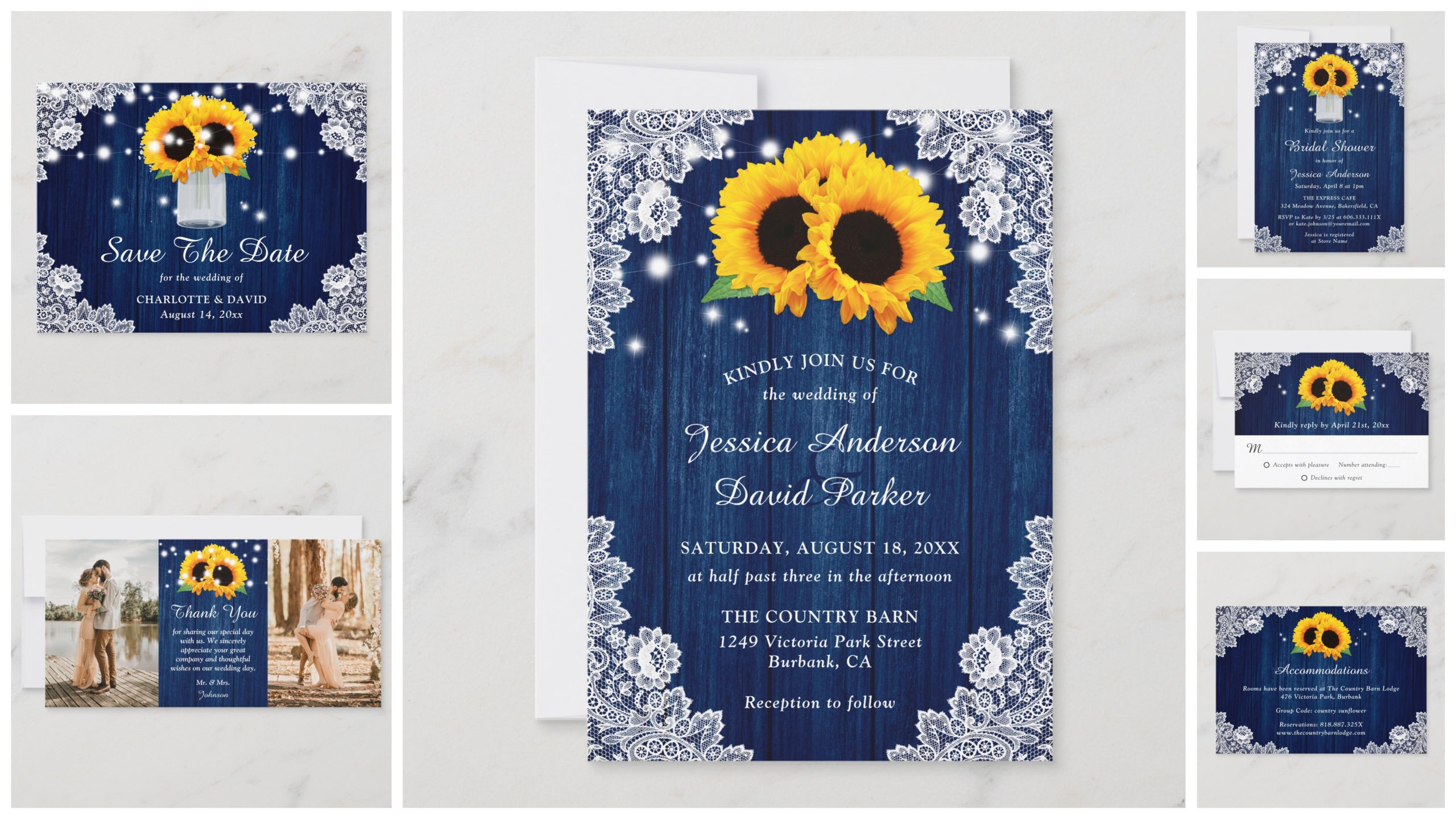 Navy Blue and Sunflower Wedding Invitations and Stationery