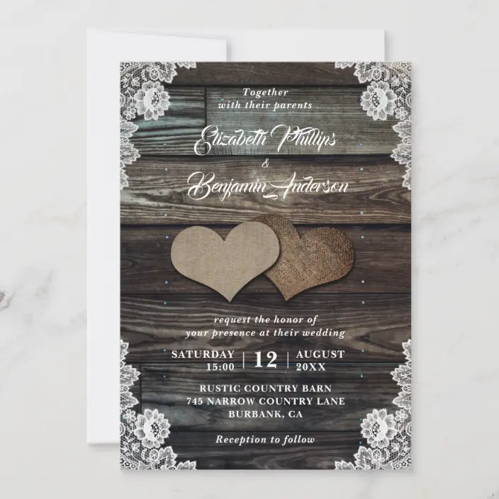 Rustic Wood Burlap and Lace Wedding Invitations