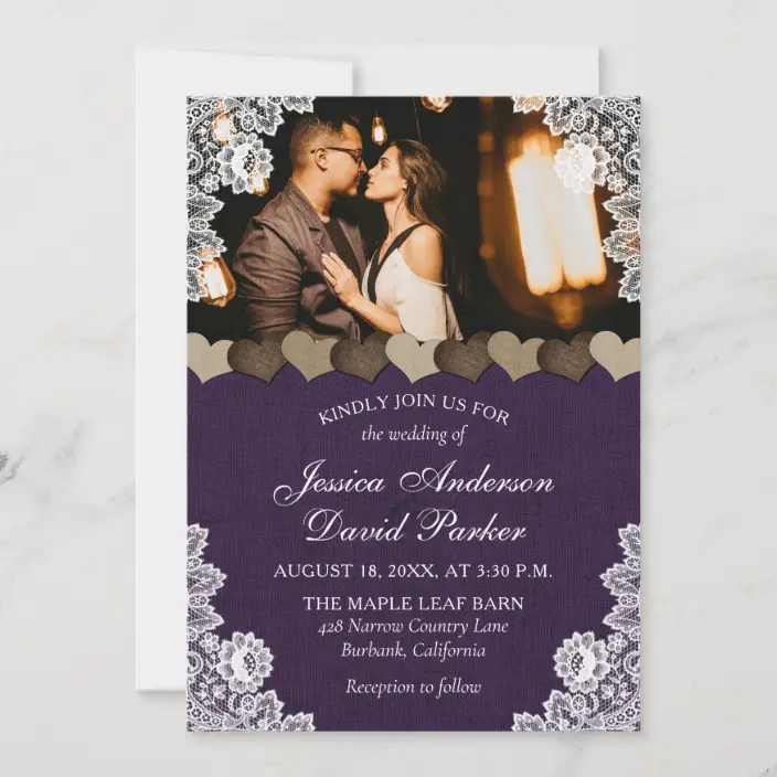 Rustic Purple Burlap and Lace Photo Wedding Invitations