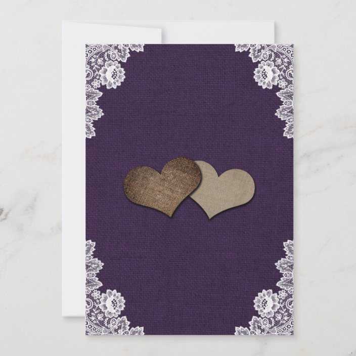 Rustic Purple Burlap and Lace Photo Wedding Invitations - back