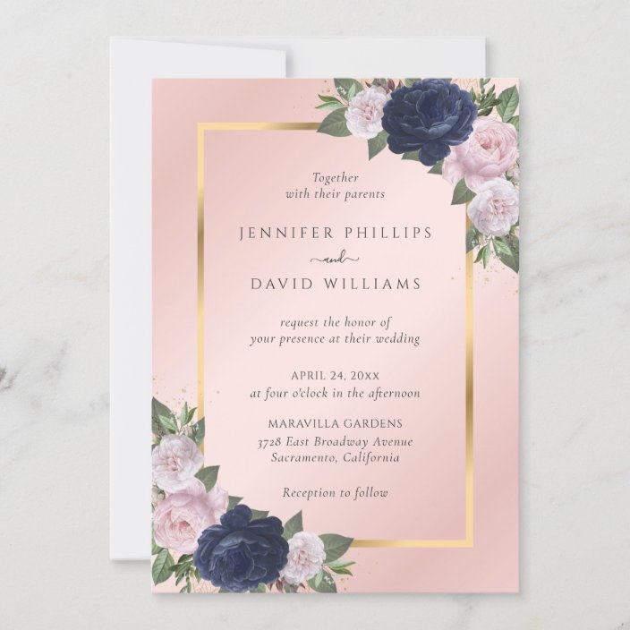 Navy Blue Gold Blush Pink Floral Wedding Invitations