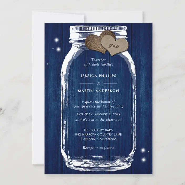 Rustic Navy Blue Wood Mason Jar Wedding Invitations