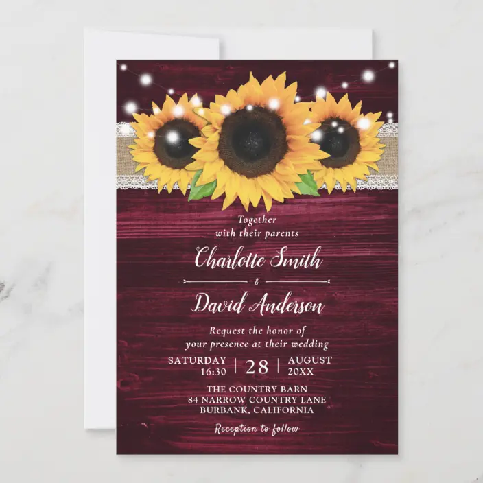 Rustic Sunflower and Burgundy Wedding Invitations