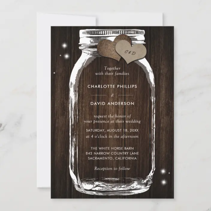 Rustic Wood Burlap Hearts Mason Jar Wedding Invitations