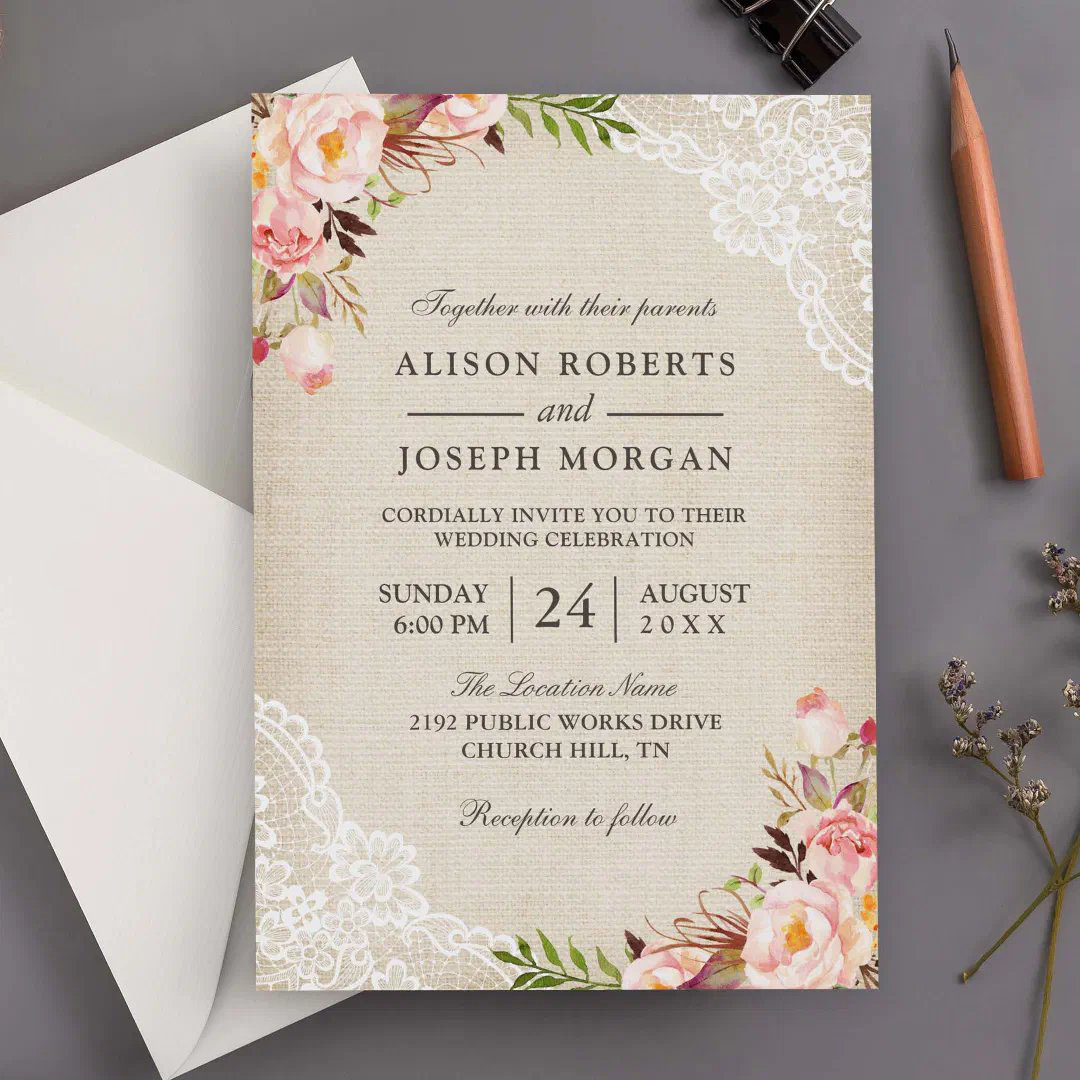 Rustic Country Classy Floral Lace Burlap Wedding Invitation