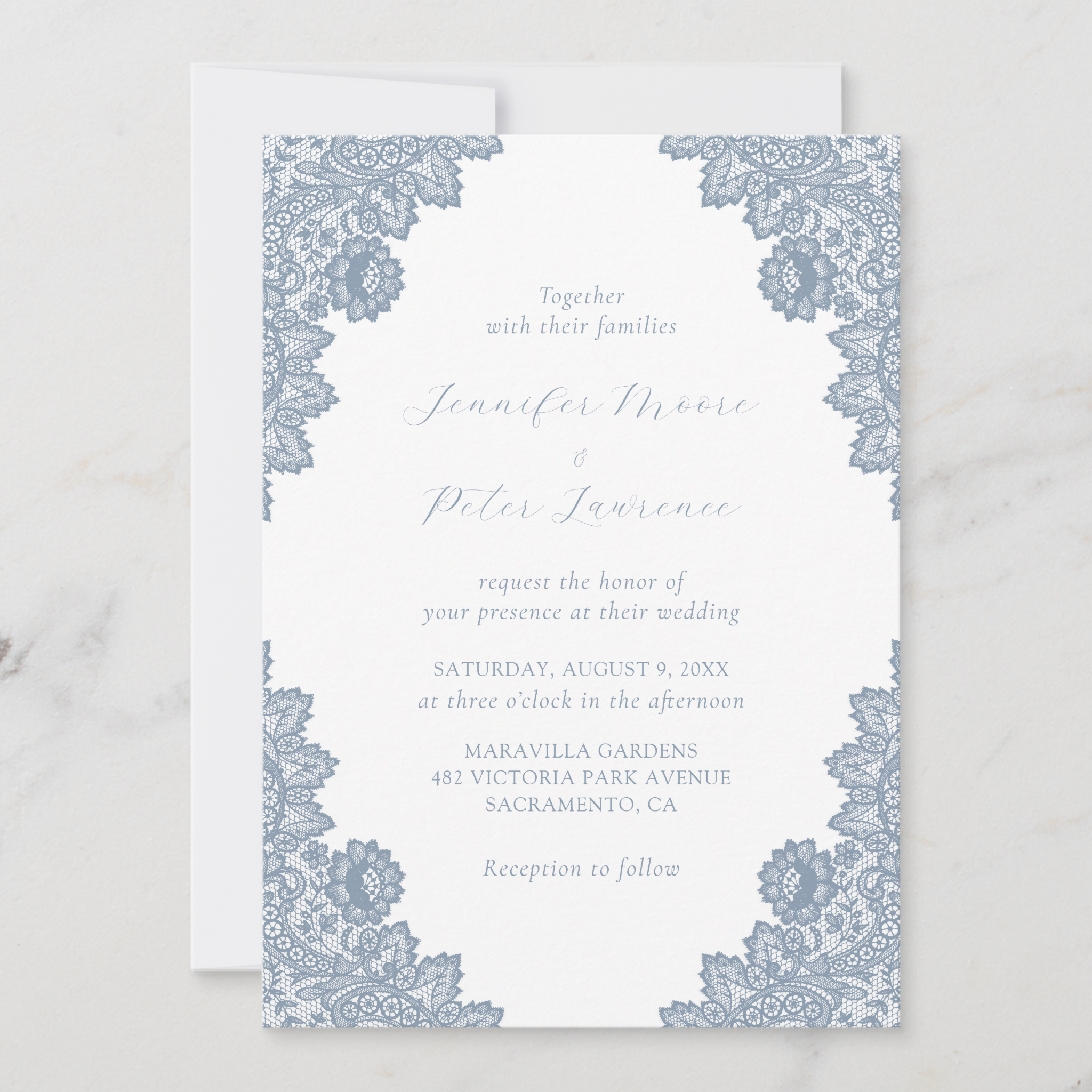 Elegant Dusty Blue Lace Wedding Invitation