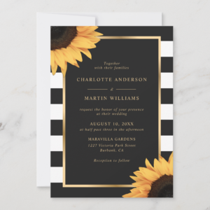 Modern Gold Black and White Striped Sunflower Wedding Invitations