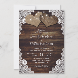 Romantic Rustic Wood Burlap and Lace Wedding Invitations