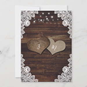 Romantic Rustic Wood Burlap and Lace Wedding Invitations - back