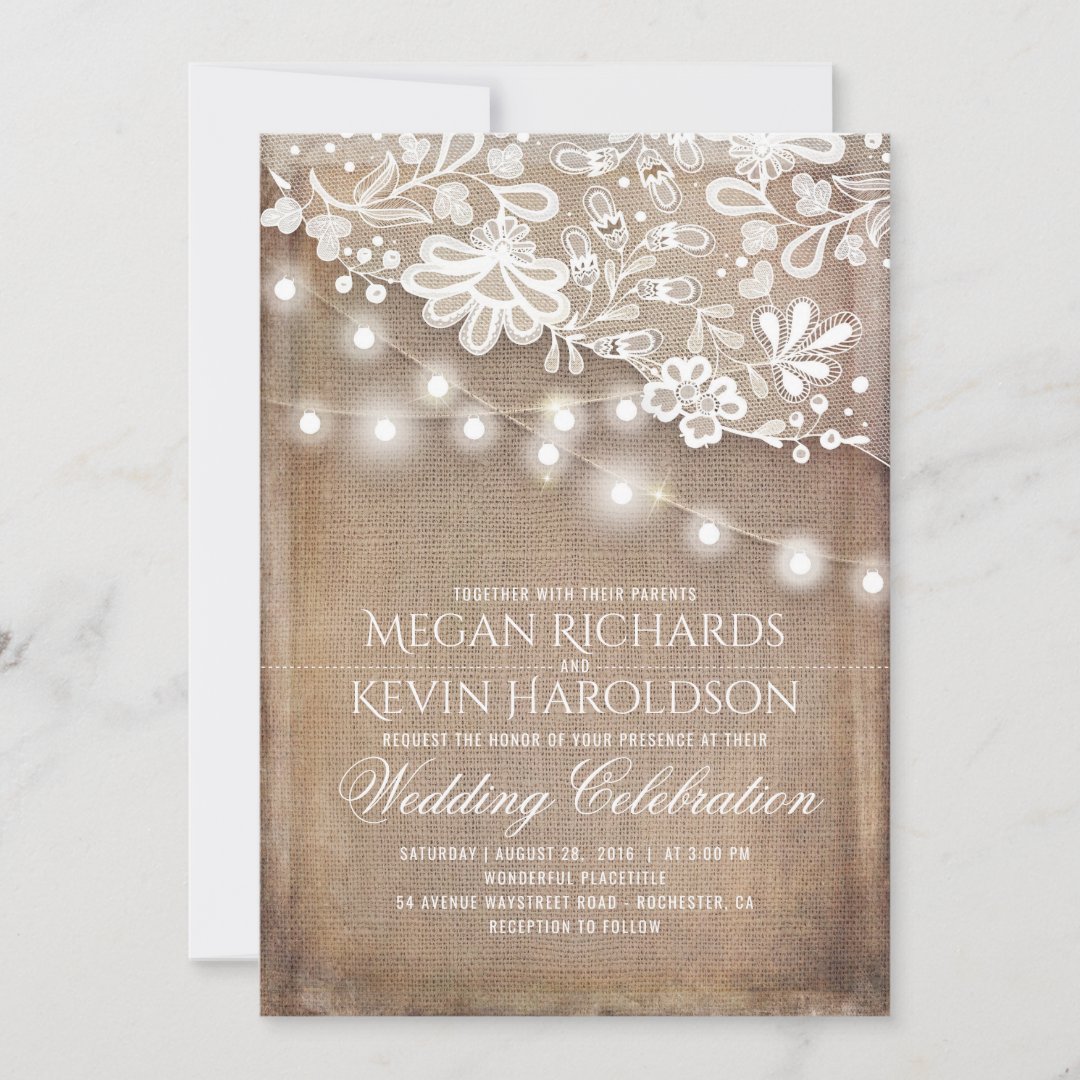 Rustic Country Burlap String Lights Lace Wedding Invitation