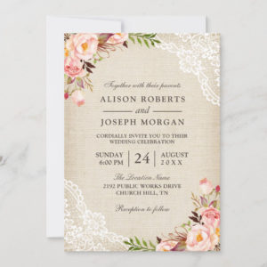 Rustic Country Classy Floral Lace Burlap Wedding Invitation