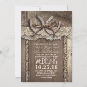 Rustic Country Horseshoes and Burlap Lace Wedding Invitation