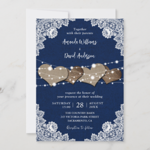 Rustic Country Navy Blue Burlap Lace Wedding Invitations