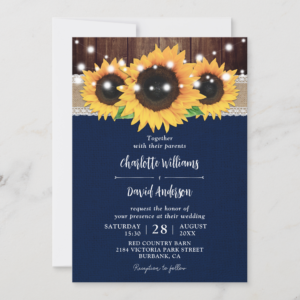 Rustic Country Navy Blue Sunflower Barn Wedding Invitations