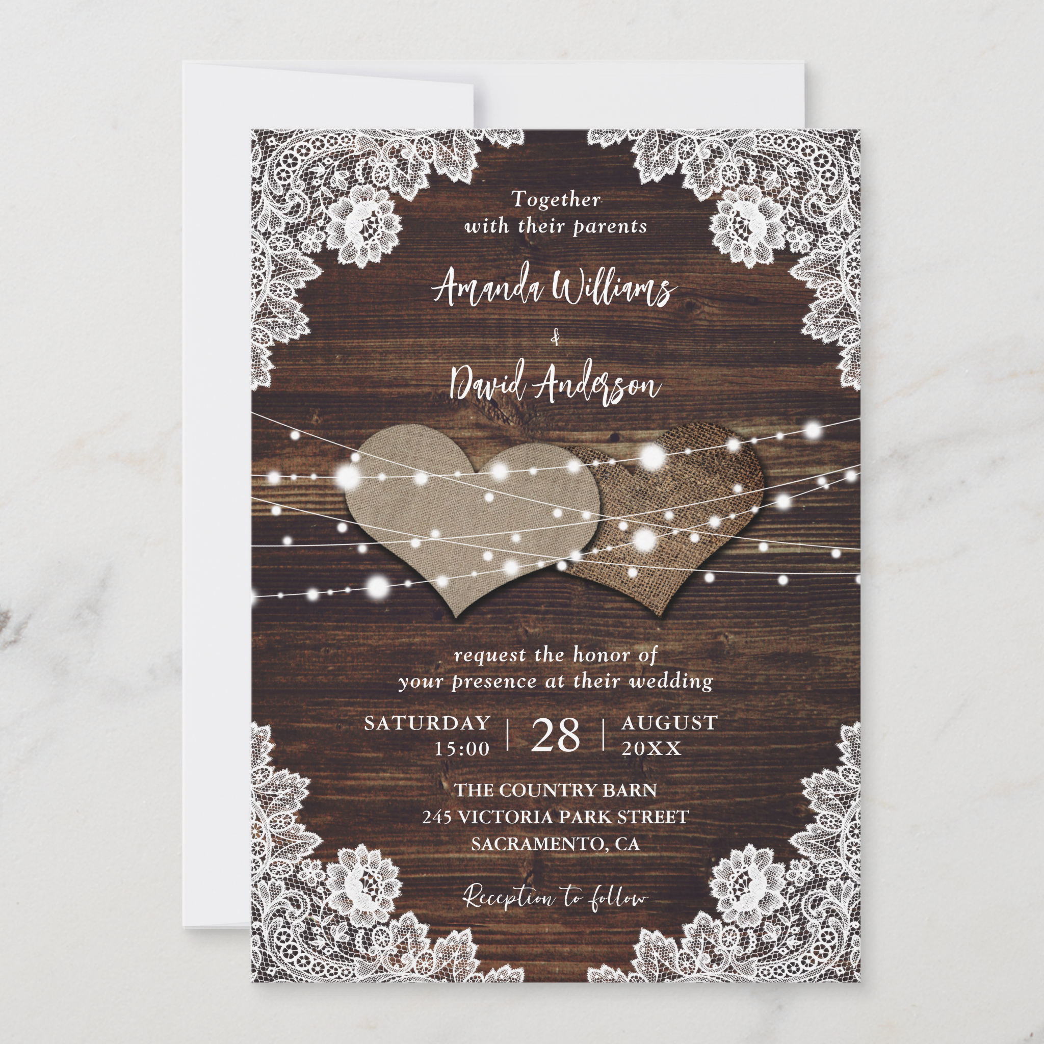 Rustic Hearts Wood Burlap and Lace Wedding Invitations