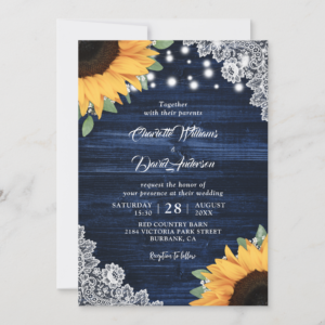 Rustic Navy Blue Wood Lace Greenery Sunflower Wedding Invitations
