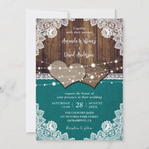 Rustic Teal Barn Wood Burlap Lace Wedding Invitations