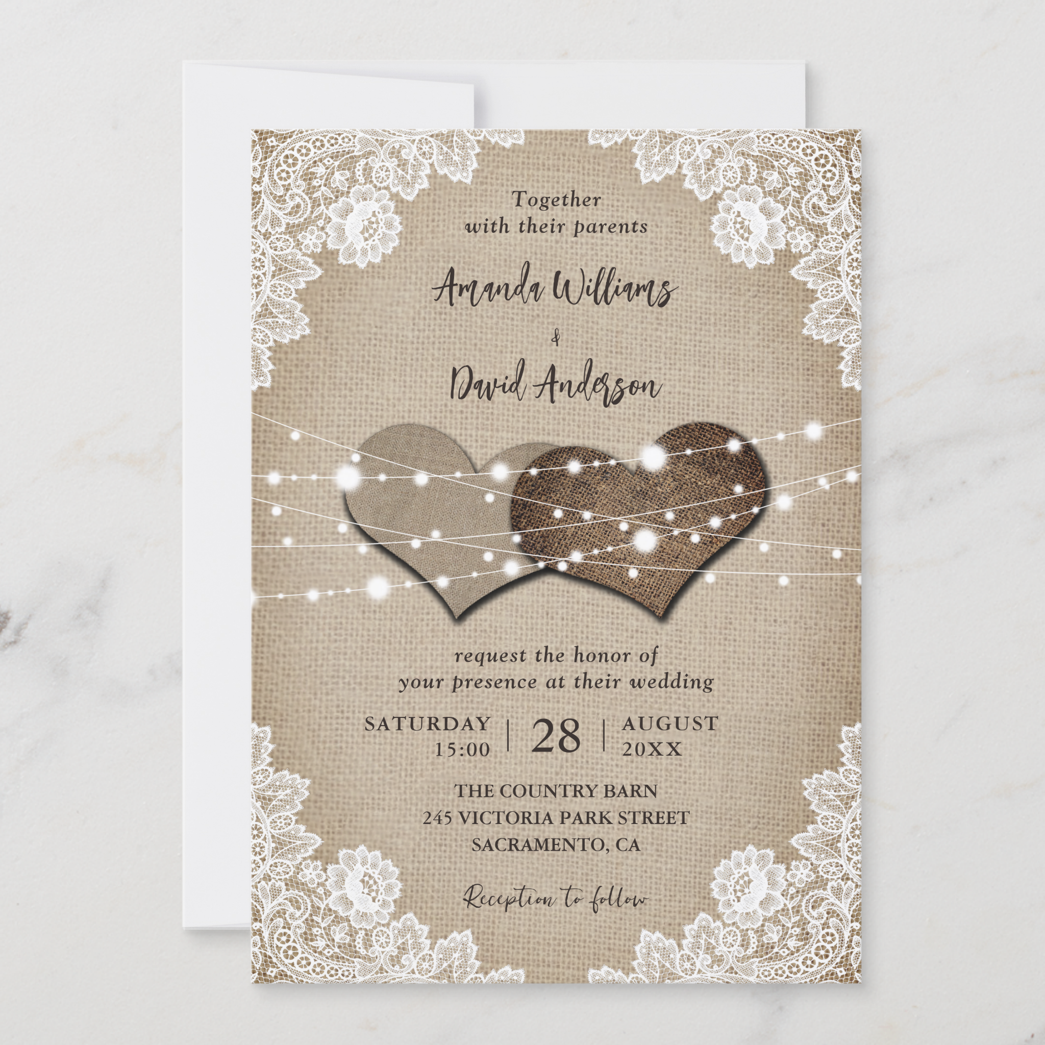 Rustic Wood Burlap and Lace String Lights Wedding Invitations