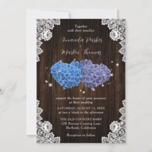 Rustic Wood Purple and Blue Floral Hearts Wedding Invitations