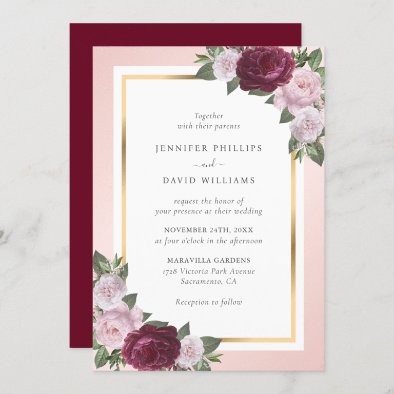 Burgundy Blush Pink Gold Floral Wedding Invitation (Front_Back)