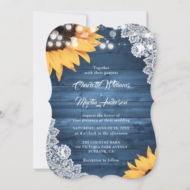Dusty Blue Wood Floral Lace Sunflower Wedding Invitation (Front)
