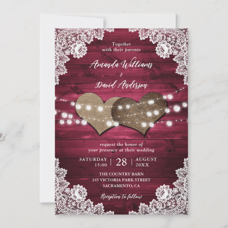 Elegant Burgundy Rustic Country Burlap Lace Barn Wood Wedding Invitation (Front)
