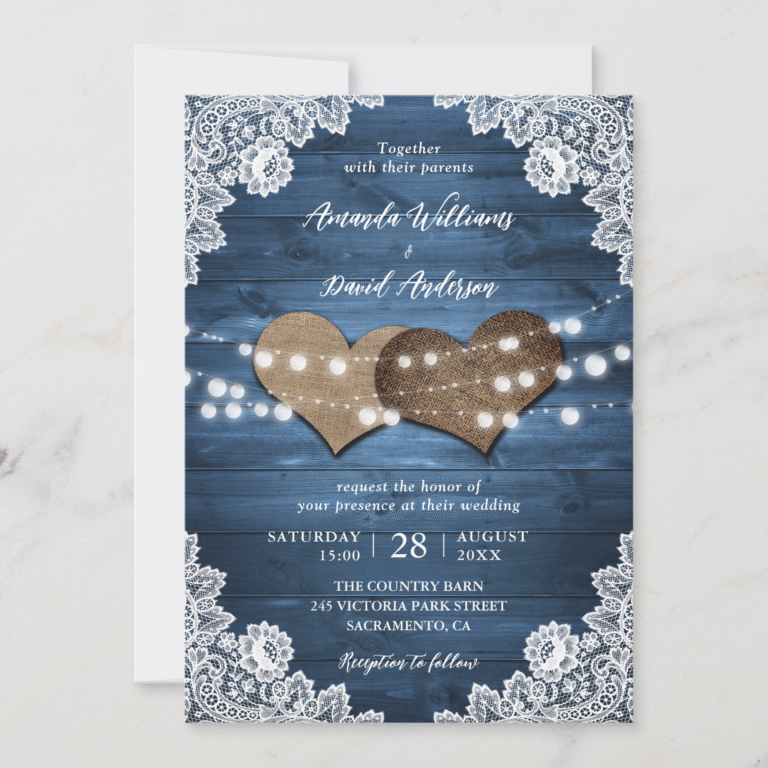 Elegant Dusty Blue Rustic Country Burlap Lace Barn Wood Wedding Invitation (Front)