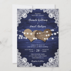 Elegant Navy Blue Rustic Country Burlap Lace Barn Wood Wedding Invitation (Front)