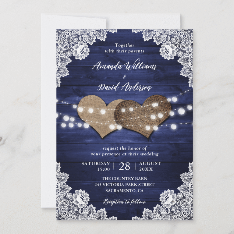 Elegant Navy Blue Rustic Country Burlap Lace Barn Wood Wedding Invitation (Front)