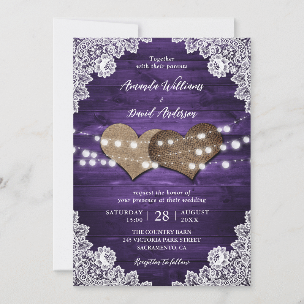 Elegant Purple Rustic Country Burlap Lace Barn Wood Wedding Invitation (Front)
