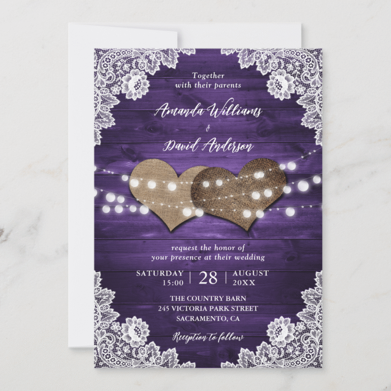 Elegant Purple Rustic Country Burlap Lace Barn Wood Wedding Invitation (Front)