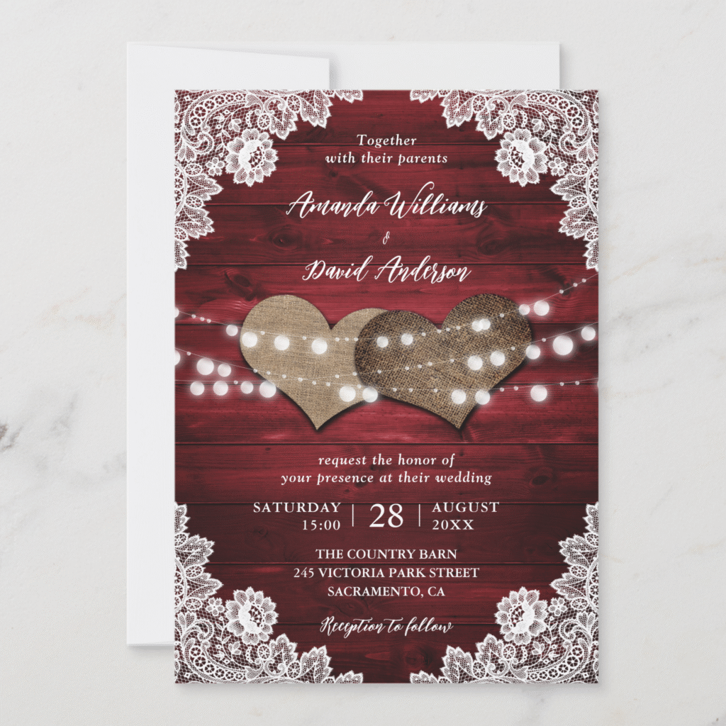Elegant Red Rustic Country Burlap Lace Barn Wood Wedding Invitation (Front)