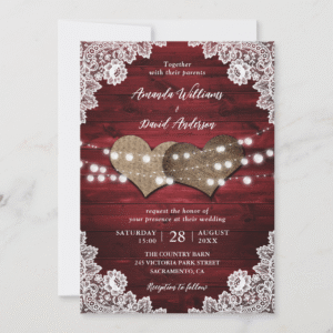Elegant Red Rustic Country Burlap Lace Barn Wood Wedding Invitation (Front)