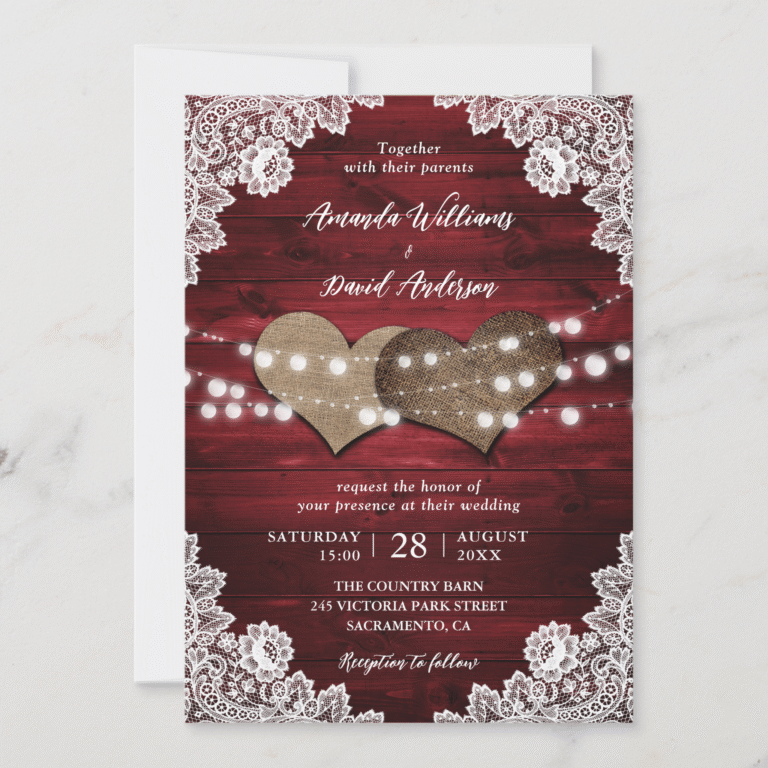 Elegant Red Rustic Country Burlap Lace Barn Wood Wedding Invitation (Front)