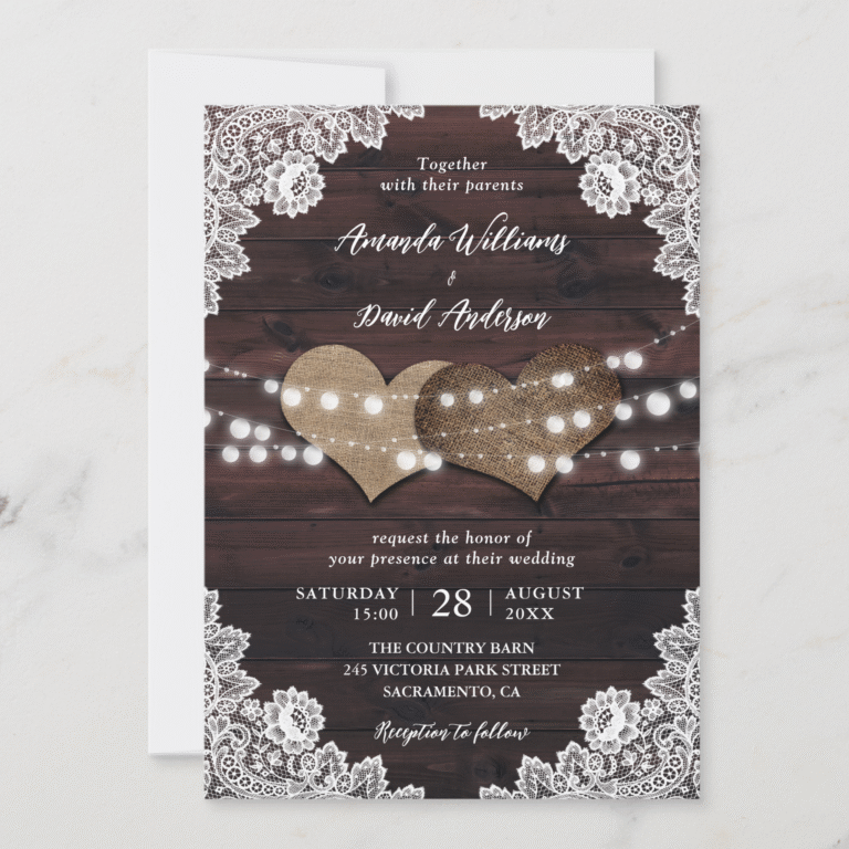Elegant Rustic Country Burlap Lace Barn Wood Wedding Invitation (Front)