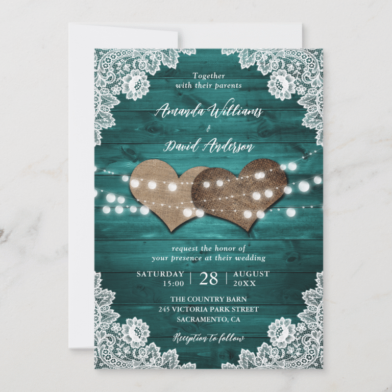 Elegant Teal Rustic Country Burlap Lace Barn Wood Wedding Invitation (Front)