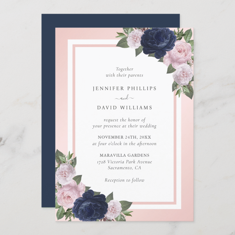 Navy Blue Blush Pink Floral Wedding Invitation (Front_Back)