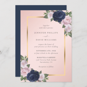 Navy Blue Gold Blush Pink Floral Wedding Invitation (Front_Back)