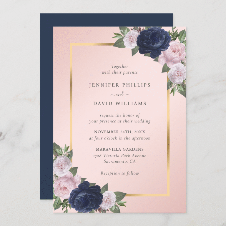 Navy Blue Gold Blush Pink Floral Wedding Invitation (Front_Back)