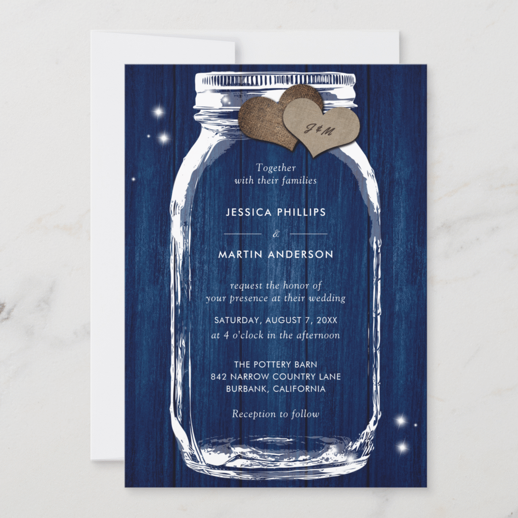 Navy Blue Rustic Wood Mason Jar Wedding Invitation (Front)