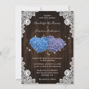 Purple and Blue Floral Hearts Rustic Wood Wedding Invitation (Front)