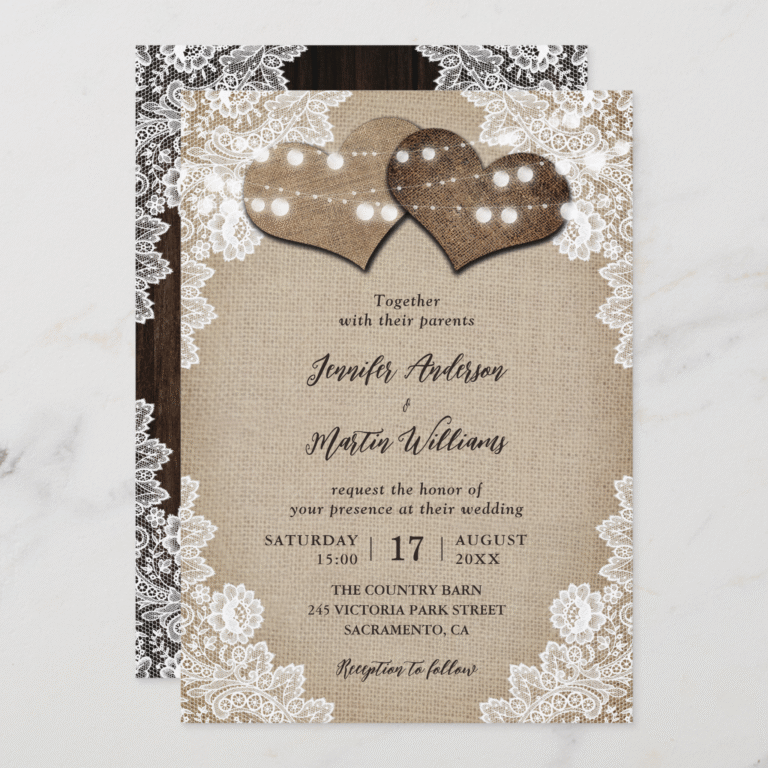 Romantic Burlap and Lace String Lights Wedding Invitation (Front_Back)