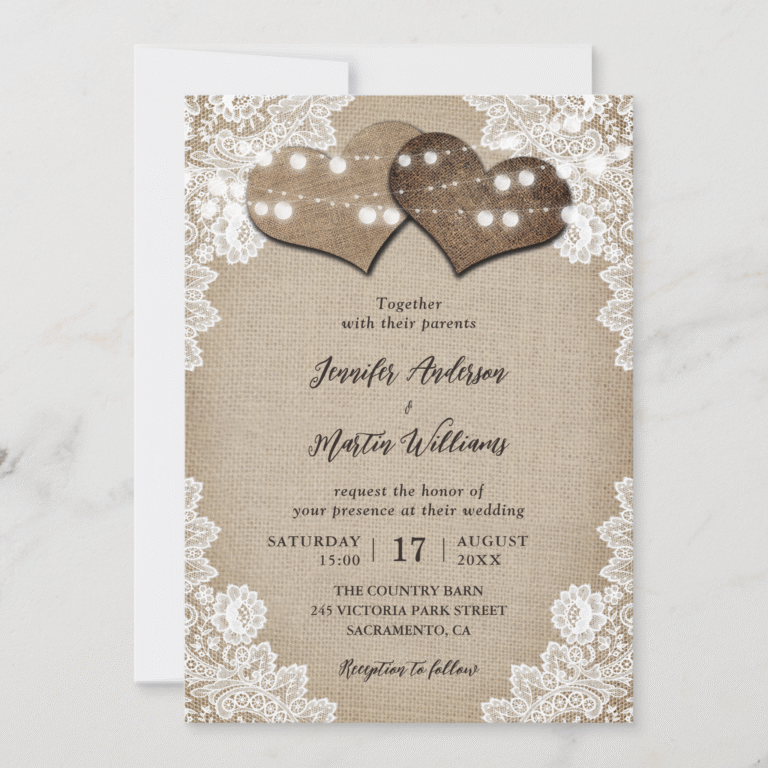 Romantic Burlap and Lace Wedding Invitation (Front)