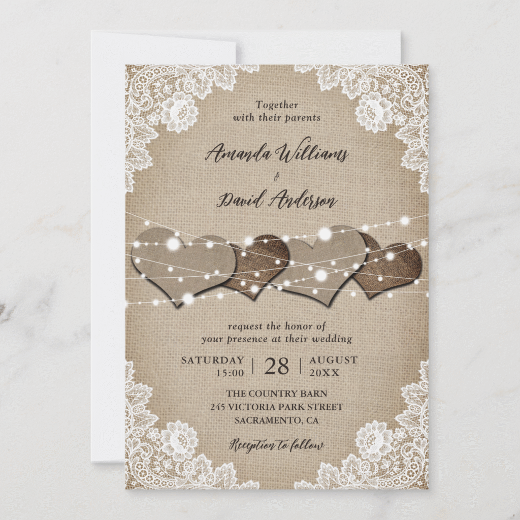 Romantic Rustic Burlap And Lace String Lights Wedding Invitation (Front)