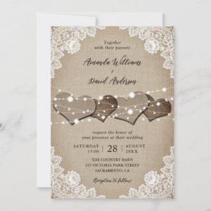 Romantic Rustic Burlap And Lace String Lights Wedding Invitation (Front)