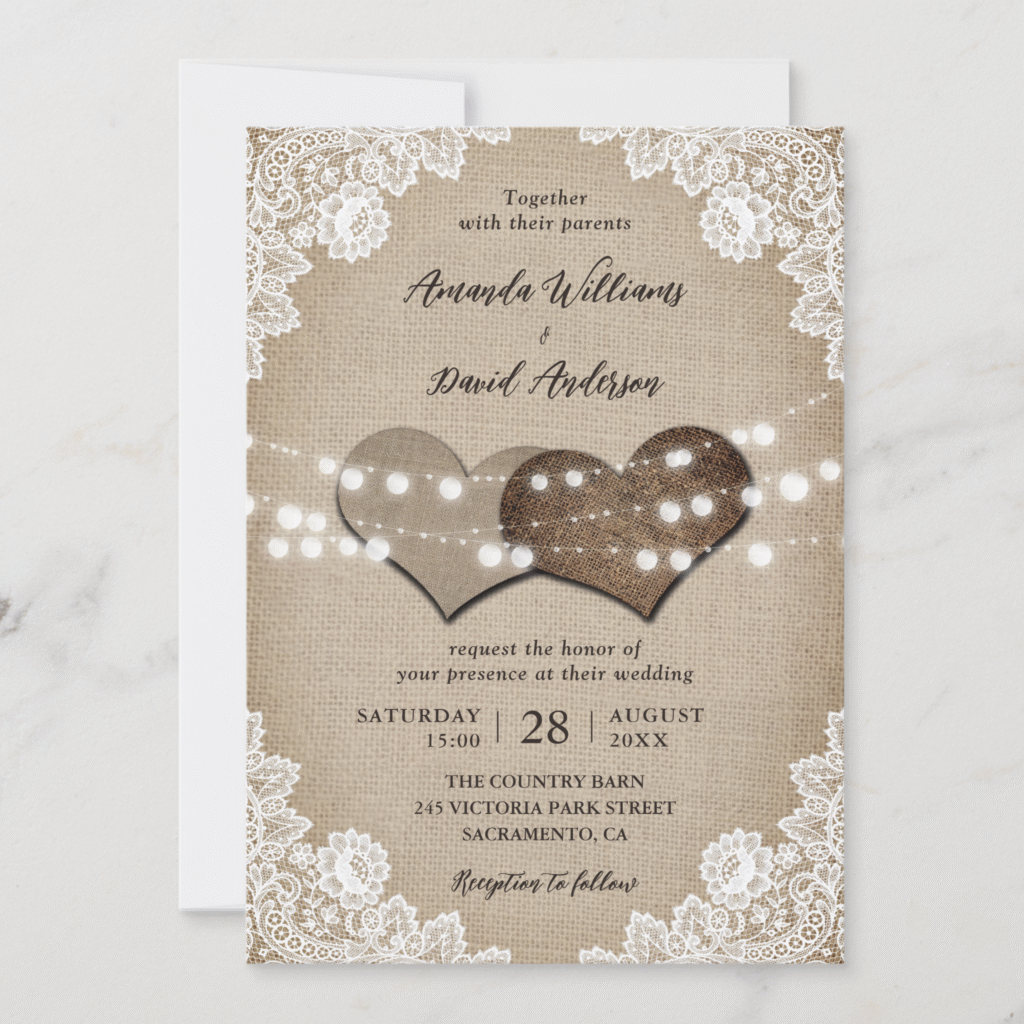 Romantic Rustic Country Burlap Floral Lace Wedding Invitation (Front)