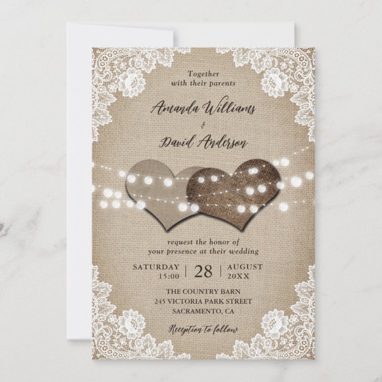 Romantic Rustic Country Burlap Floral Lace Wedding Invitation (Front)