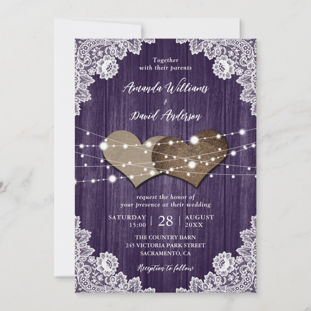 Romantic Rustic Purple Wood Burlap Lace String Lights Wedding Invitation (Front)