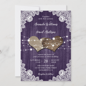 Romantic Rustic Purple Wood Burlap Lace String Lights Wedding Invitation (Front)