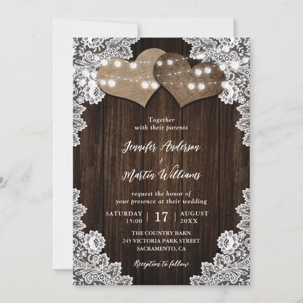 Romantic Rustic Wood Burlap Hearts Floral Lace String Lights Wedding Invitation (Front)